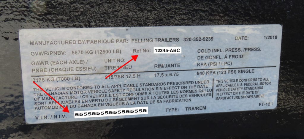 Felling Trailer VIN Tag Sample Image, replacement MSO or VIN