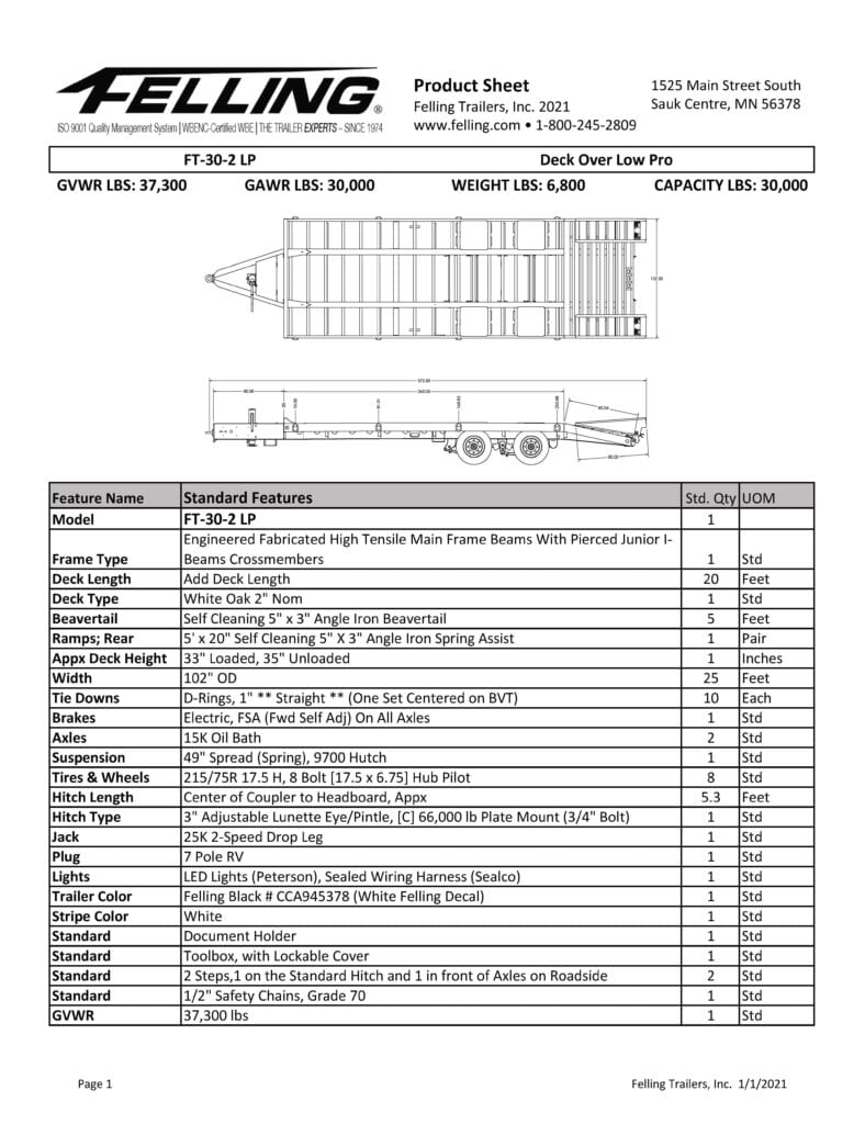 Felling Trailers - FT-30 LP Product Sheet