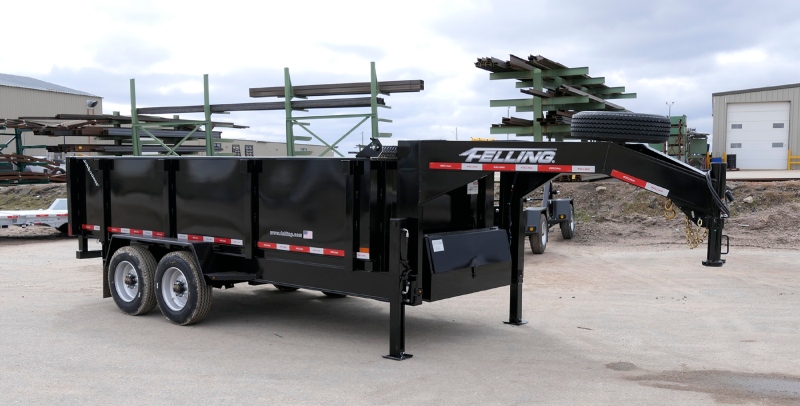 Felling dump trailer equipped with A-Frame Gooseneck hitch option and dual jacks