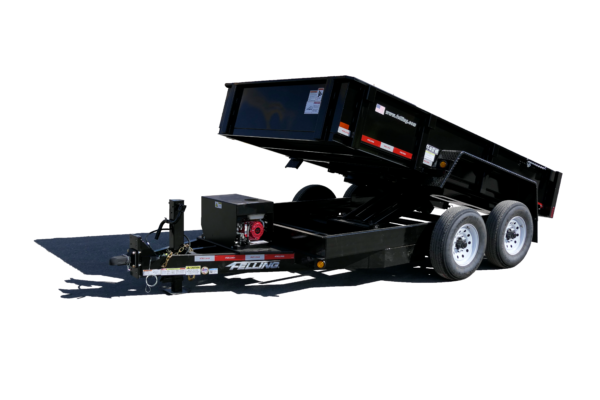 Felling Trailers hydraulic dump trailer with raised bed and dual axles, designed for hauling and dumping construction materials on jobsites.