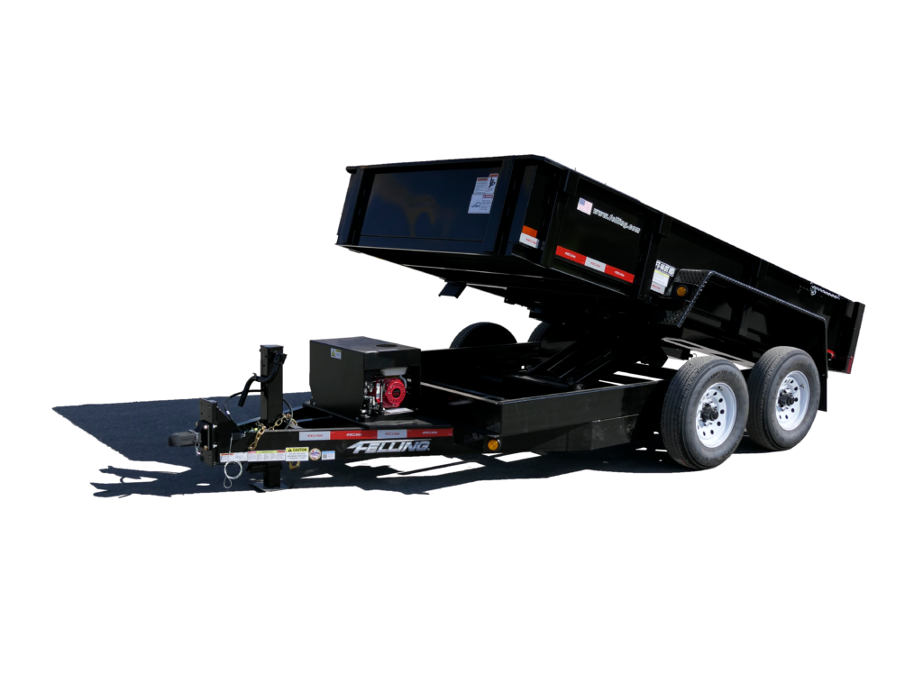 Felling Trailers hydraulic dump trailer with raised bed and dual axles, designed for hauling and dumping construction materials on jobsites.