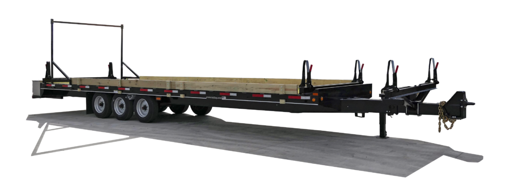 Custom utility pole trailer designed for transporting long utility poles and heavy materials