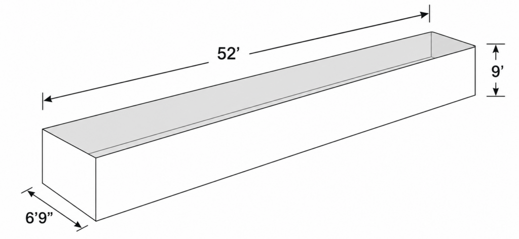 Diagram of AZZ galvanizing kettle capacity, 52 feet long by 6 feet 9 inches wide by 9 feet deep