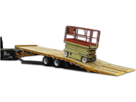 Scissor lift trailer loading a compact scissor lift onto a Felling Air Deck Over Tilt trailer with a low loading angle