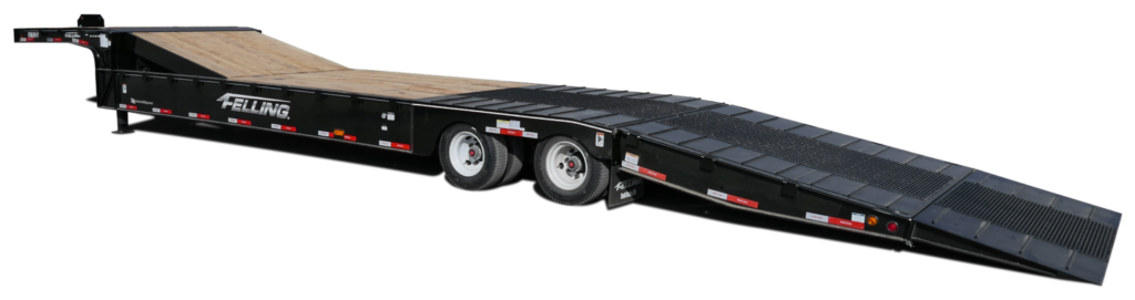 Scissor lift trailer with a hydraulic tail design and low loading angle for transporting scissor lifts and compact equipment