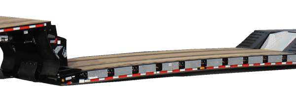 Agricultural equipment trailer with a detachable gooseneck, raised top deck, and low deck bed for hauling farm equipment